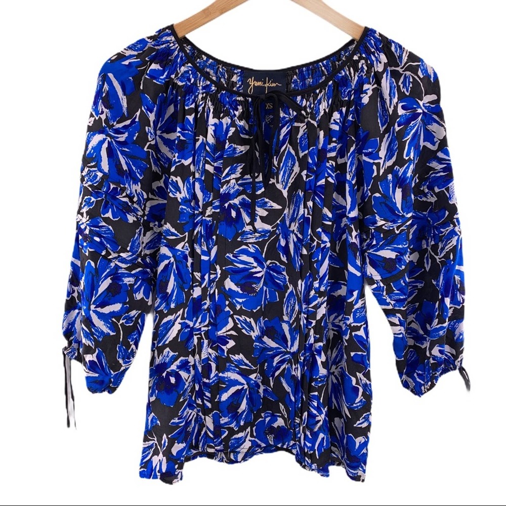 Yumi Kim blue floral silk tie‎ sleeve & neck top XS